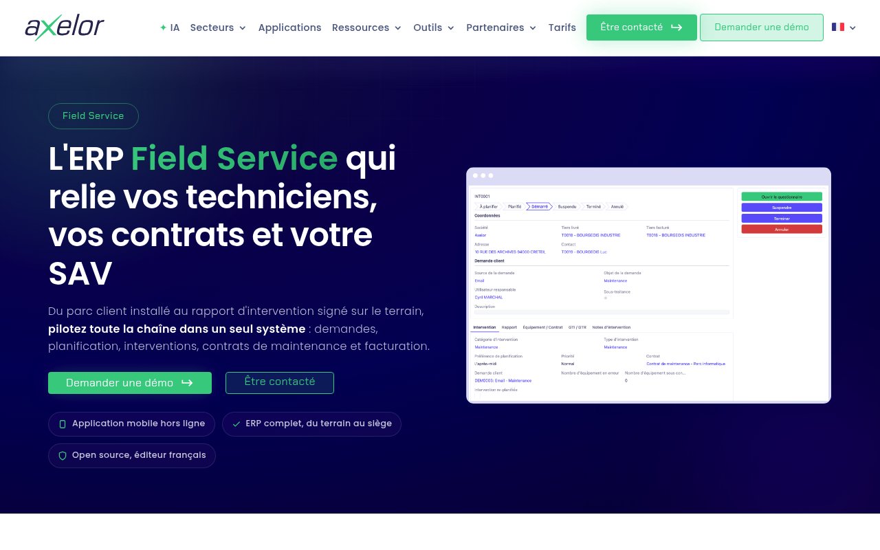 Aperçu du site Axelor Field Service